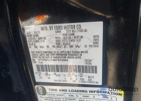 2011 Ford F-150 Lariat z USA, uszkodzony, nr VIN 1FTFW1CT9BFB72984